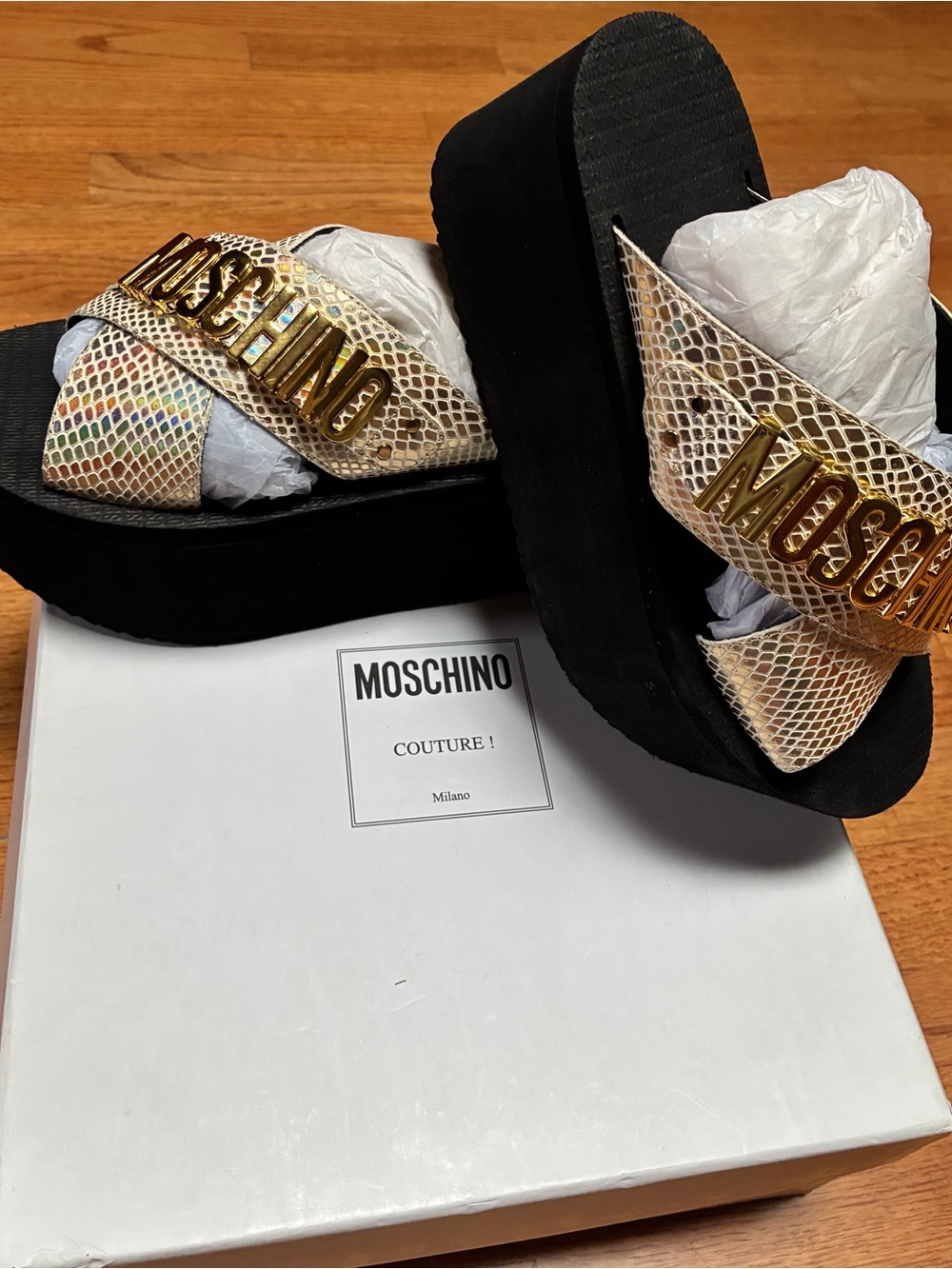 Moschino Iridescent Snake-Print Slides with Gold Logo - Picture 6 of 8